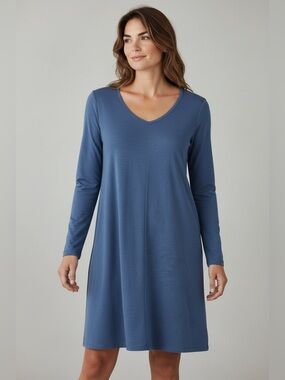 Pure Jill Heather Blue Pima Cotton Modal Shift Dress V-Neck Stretch
